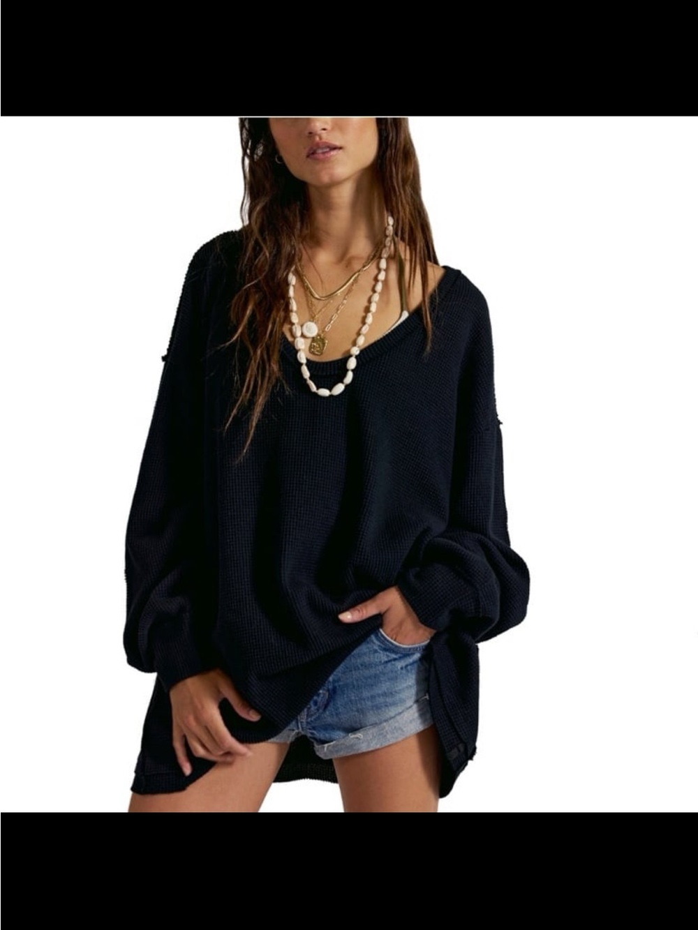 NWT free people women’s coast 2 coast waffle knit top black size large